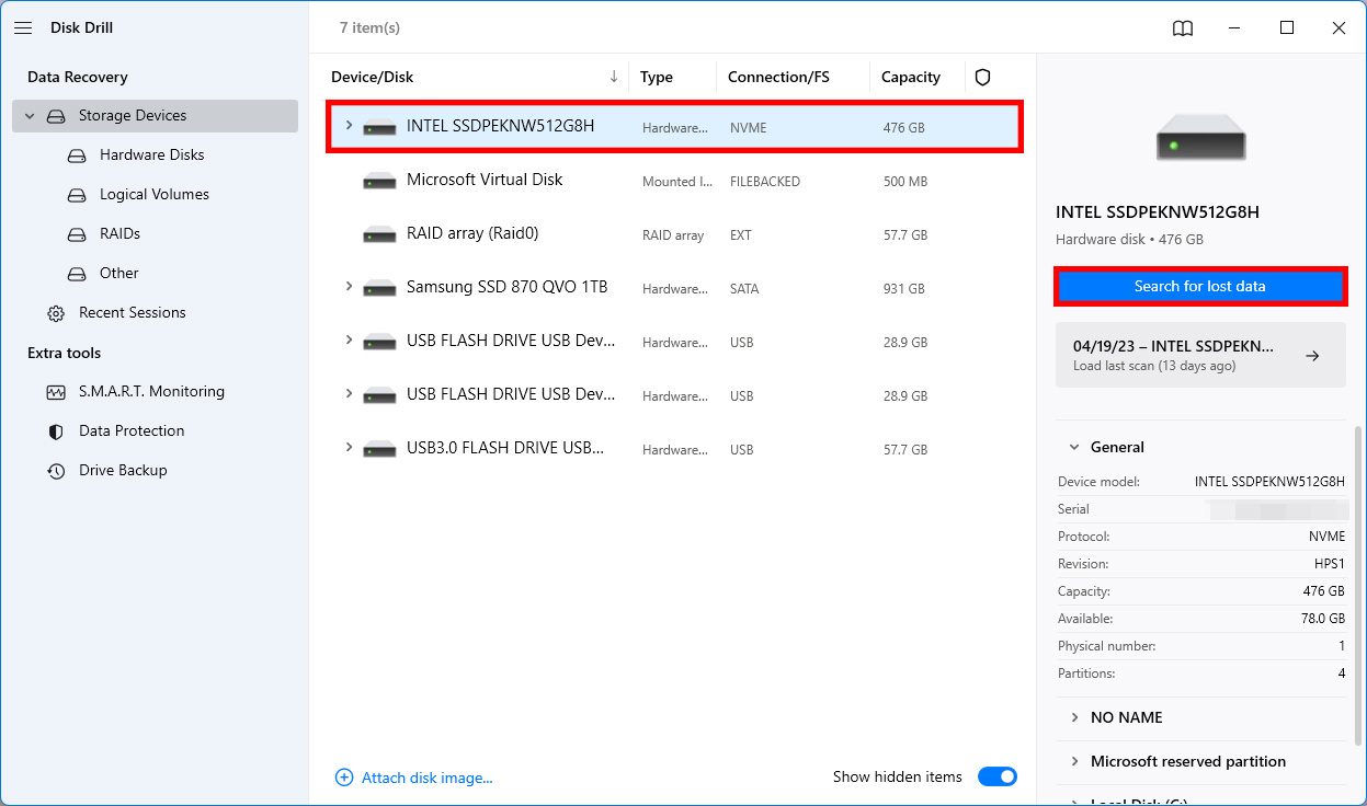 disk drill main screen ssd selected