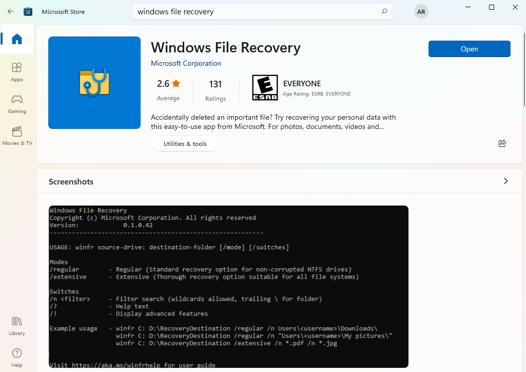 instalación de windows file recovery desde microsoft store