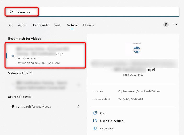 Buscar mediante el Explorador de Archivos Otra manera de buscar archivos de video cuando en realidad no se han eliminado es desde el Explorador de Archivos. Inicia el Explorador de Archivos presionando Win + E, selecciona Equipo en la barra lateral izquierda e introduce el nombre del archivo de video en la barra de búsqueda en la parte superior.