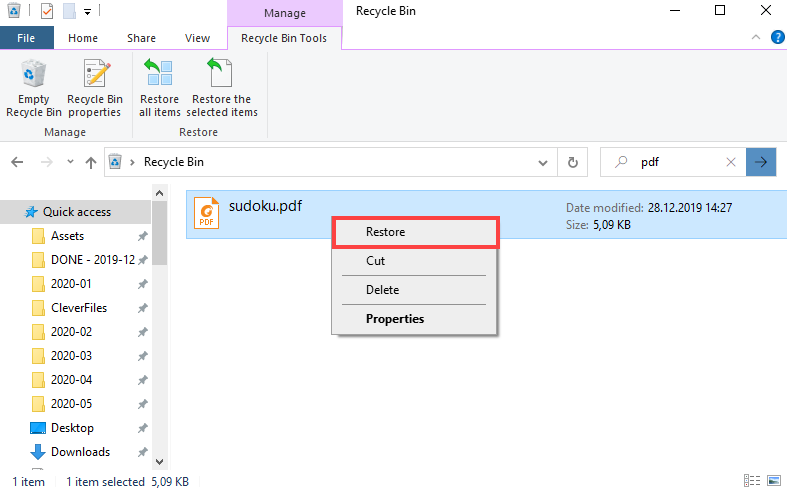 Restore PDF files from the Recycle Bin on Windows