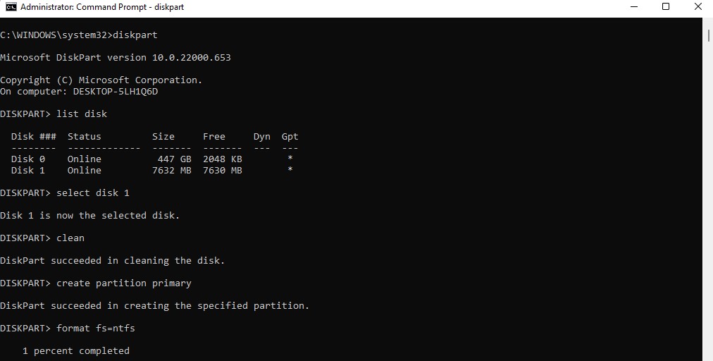 formatant le disque en utilisant diskpart