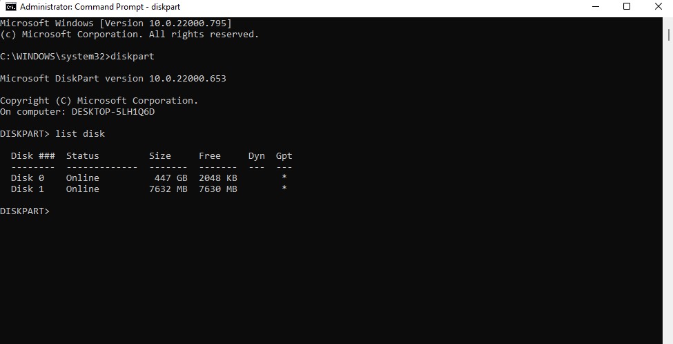 selecting the disk using diskpart