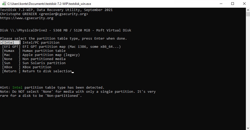 Choosing the partition table type.