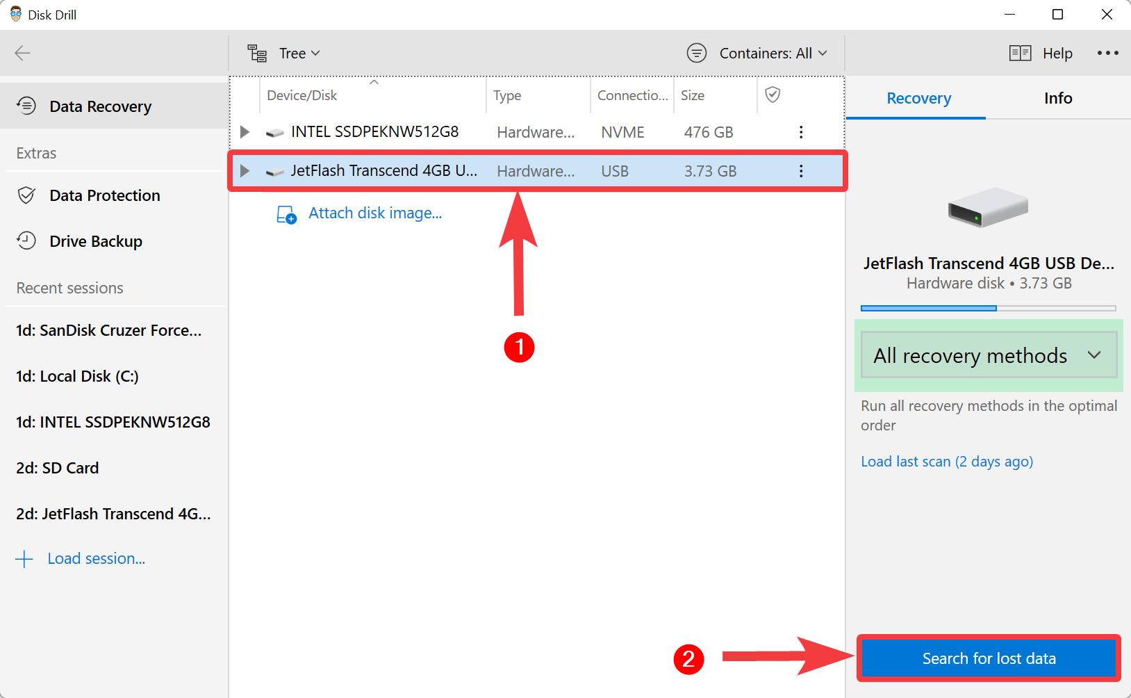 Select flash drive and start scan