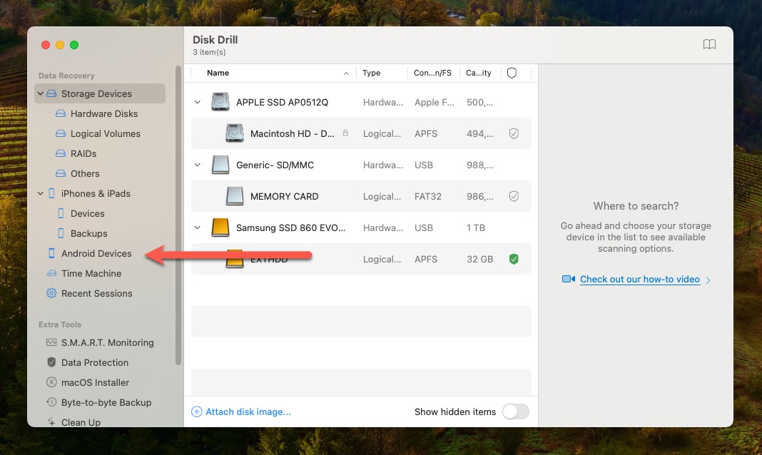 android devices section highlighted disk drill