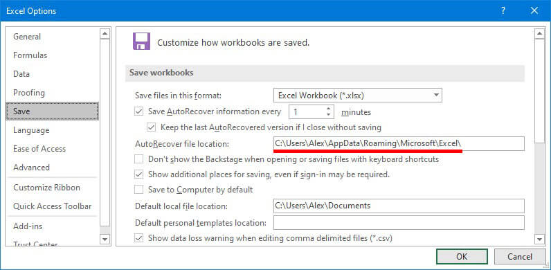 Paramètres de la fonction de récupération automatique d'Excel