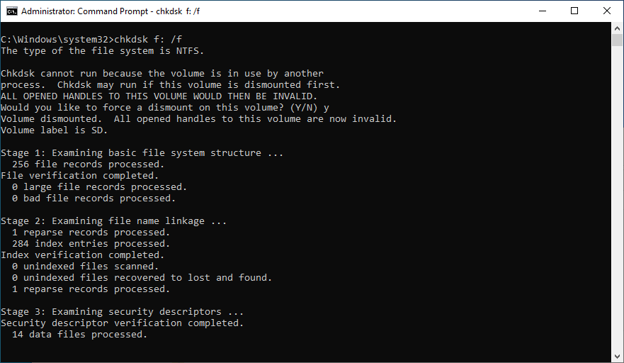 Scansiona la scheda cf con CHKDSK