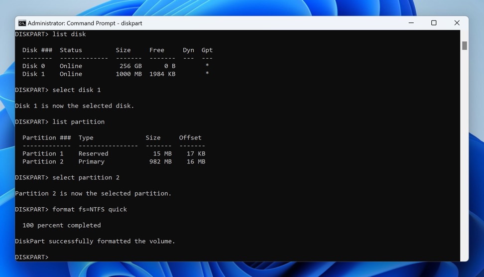 diskpart partition successfully formatted