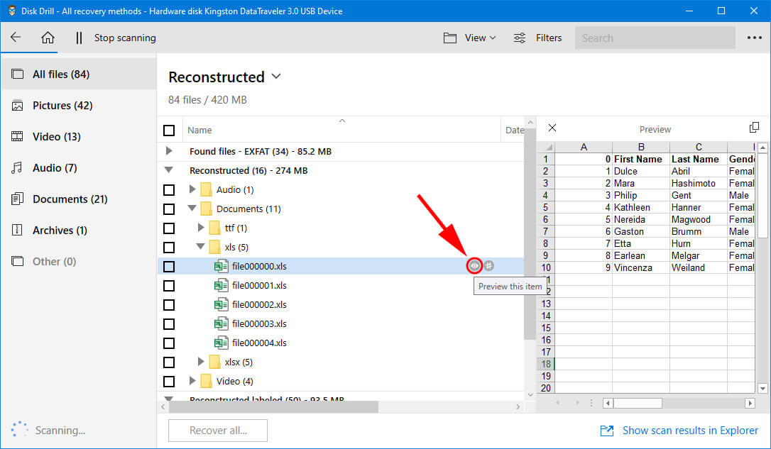 Anteprima dei file excel