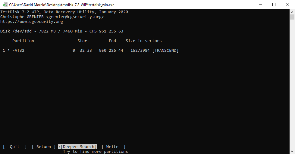 Ricerca approfondita in Testdisk