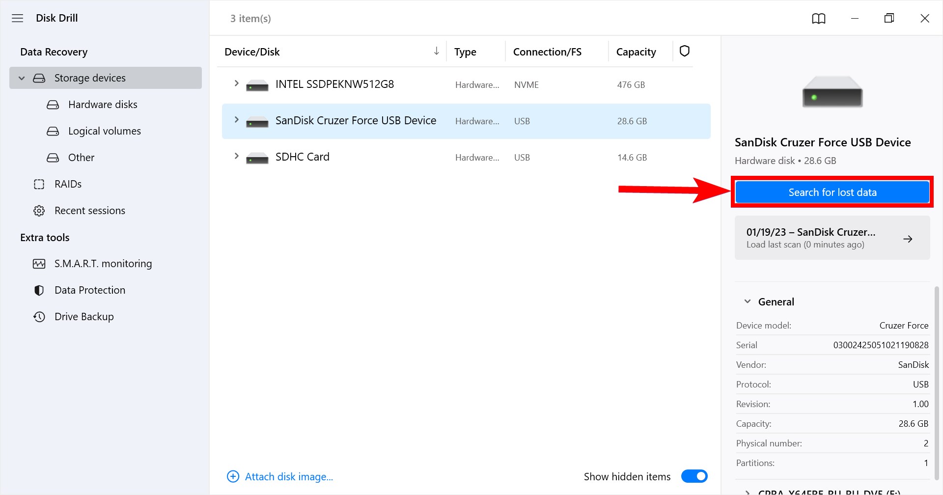 search for lost data on selected usb