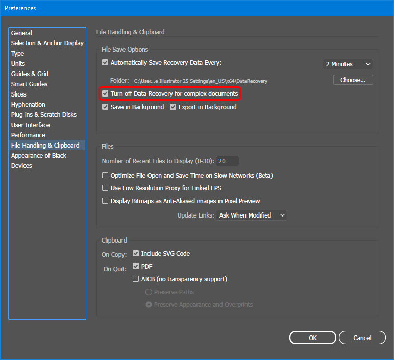 Turn off Data Recovery for complex files