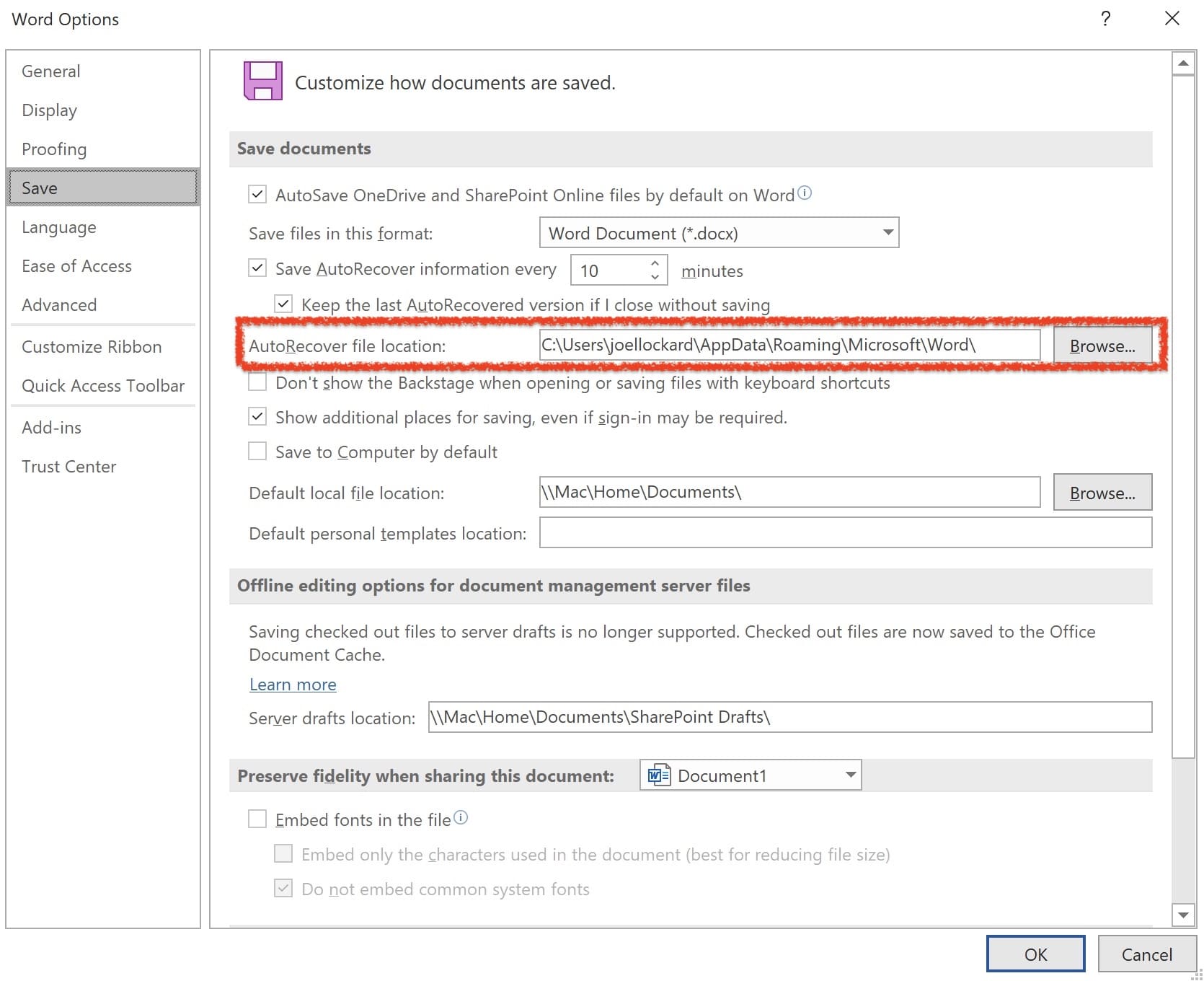 configuraciones de autorecuperación en word