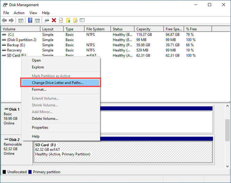 disk management change drive letter nad paths - highlight