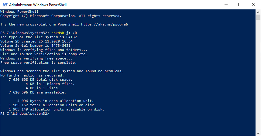 powershell chkdsk r