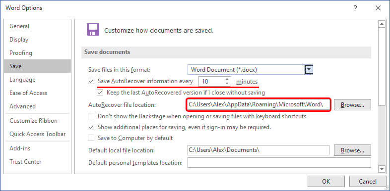 configuración de autorecuperación de word