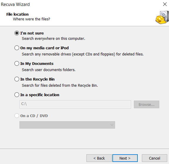 Recuva Wizard Scan Location
