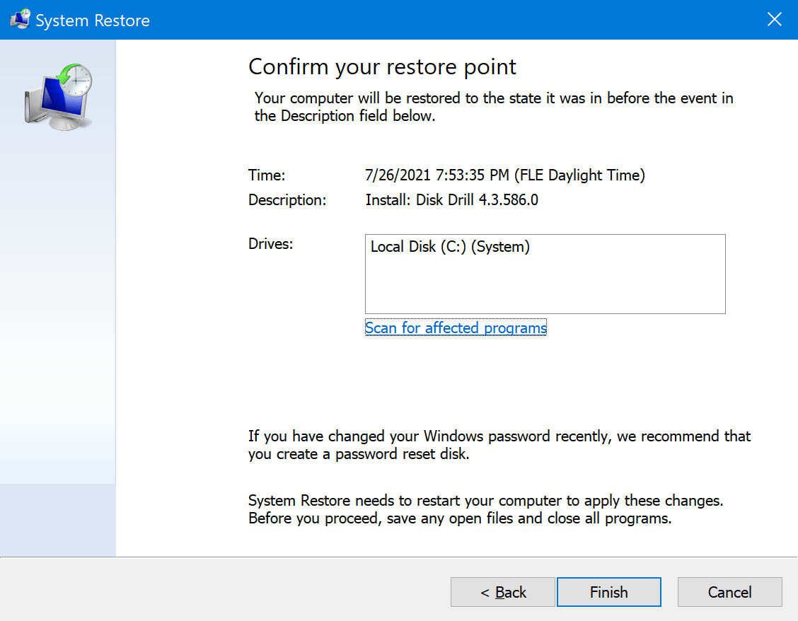 confirm your restore point