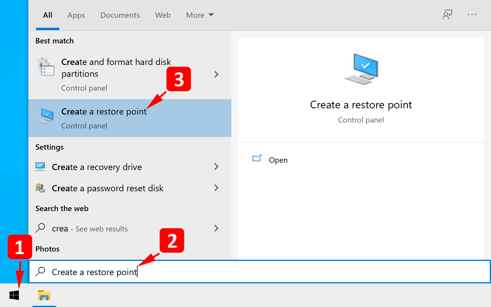 open create a restore point app