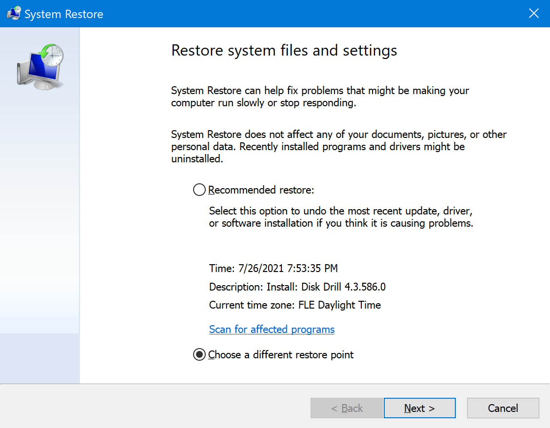 restore system files and settings