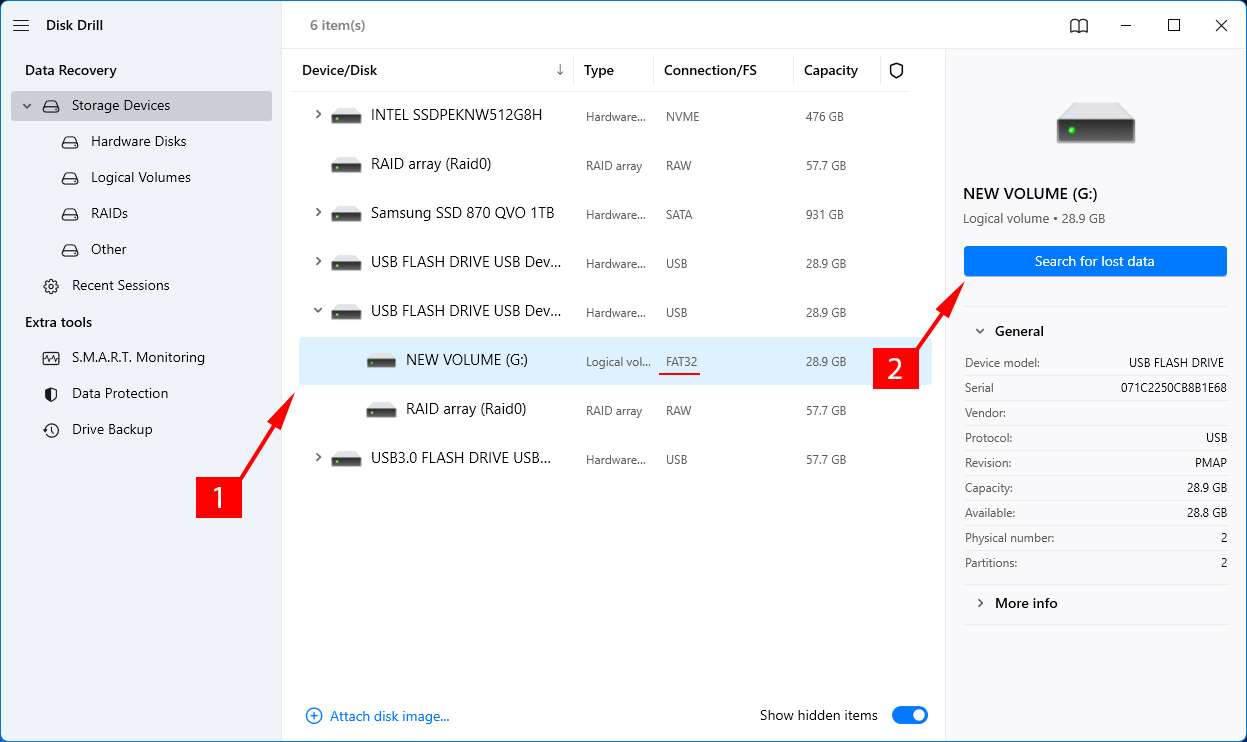 selecionar partição fat32 da lista no disk drill