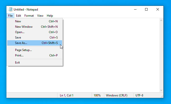 Options in the Notepad menu.