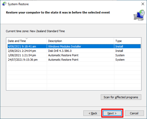 Displaying a selection of restore points.