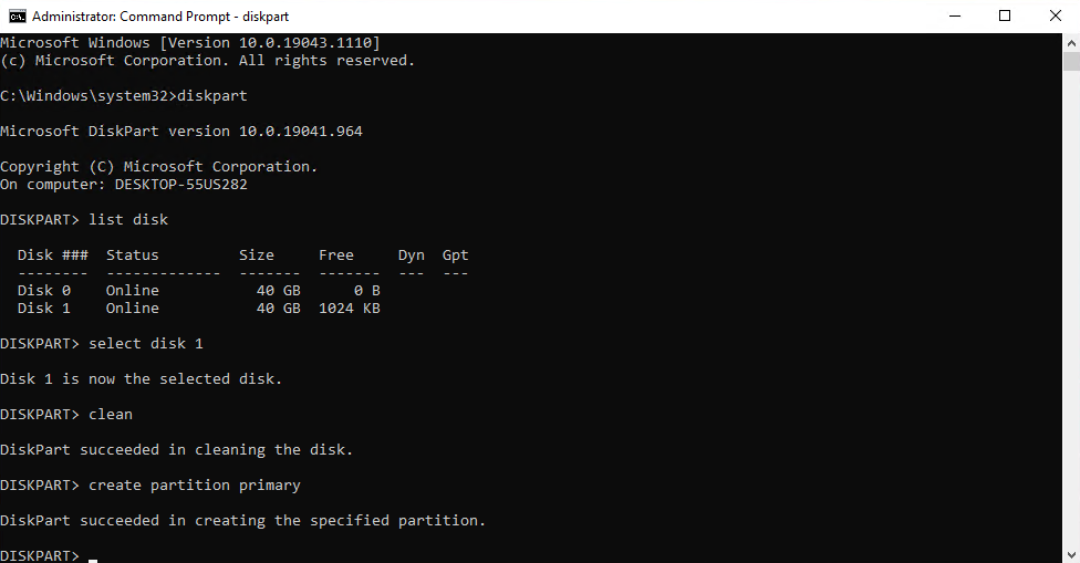 Creating a primary partition.