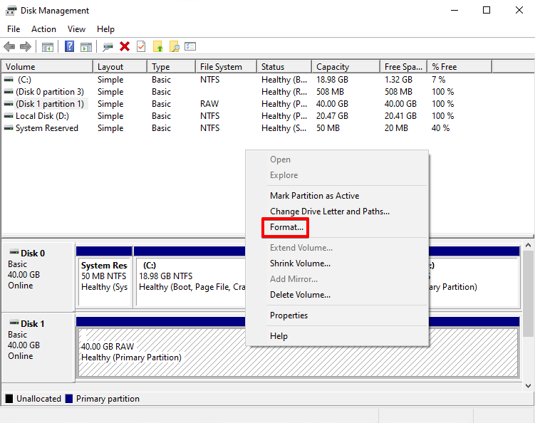 Formatage de la partition RAW.