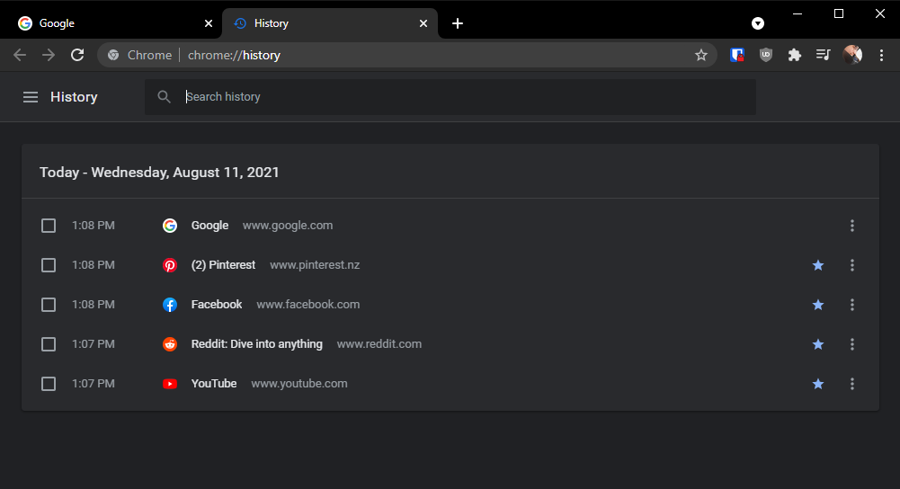 The history screen in Google Chrome.