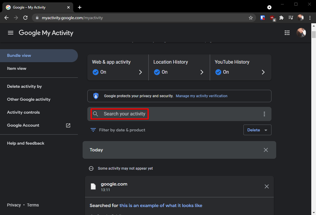 The search function in My Google Activity.