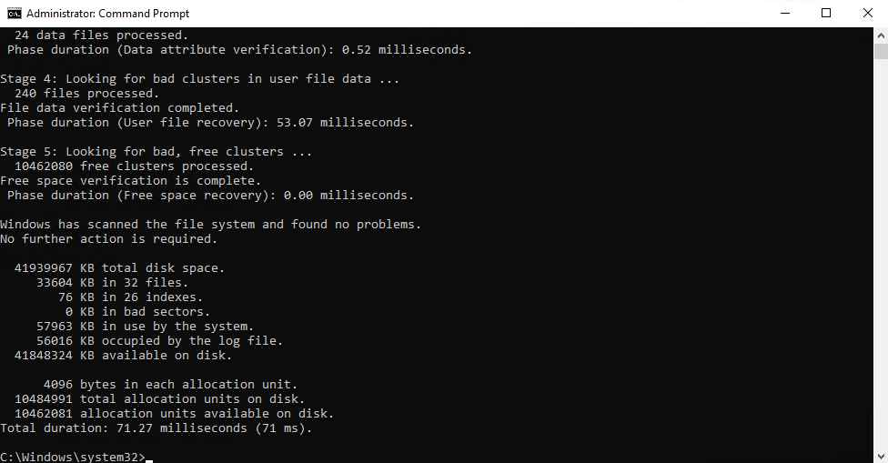 Results of the CHKDSK command.