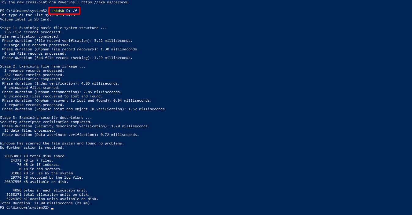 Använder CHKDSK i PowerShell.