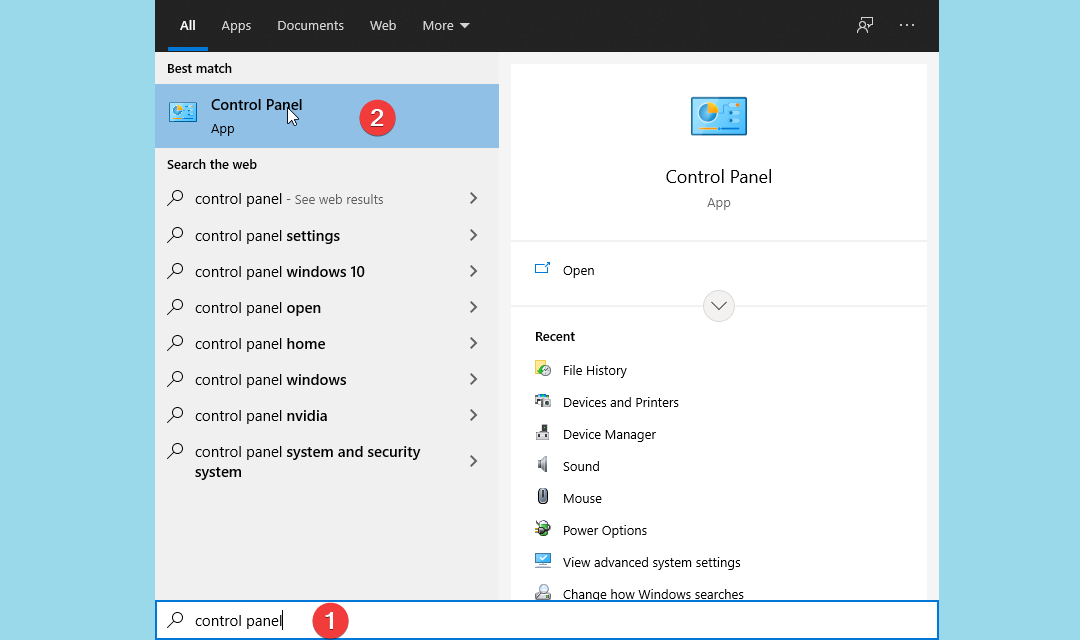 opening control panel on windows