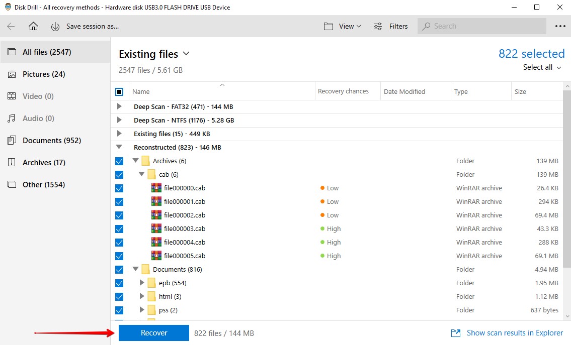 Recovering the marked files.