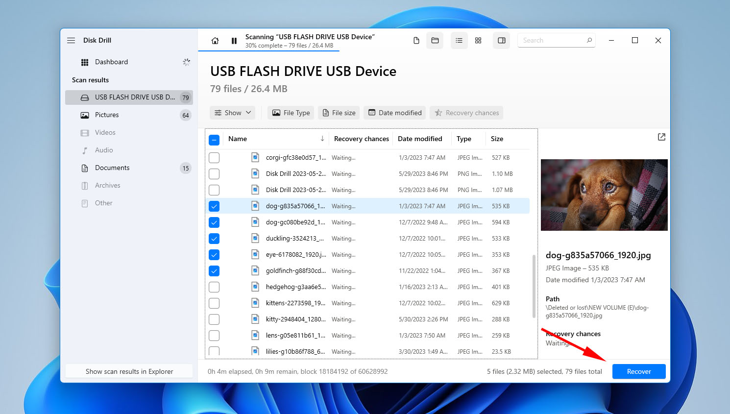 Recupero dei file utilizzando Disk Drill su Windows 11.