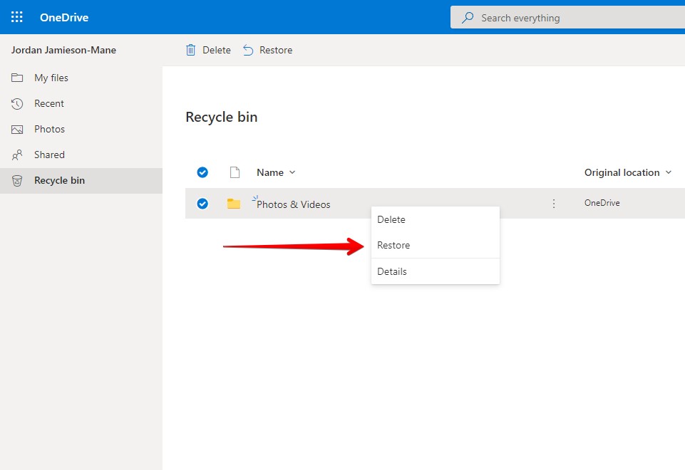 Restaurando archivos desde la papelera de reciclaje de OneDrive.