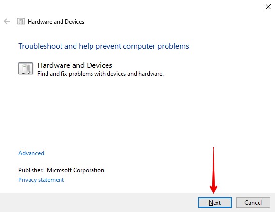 Skipping the hardware troubleshooter overview.