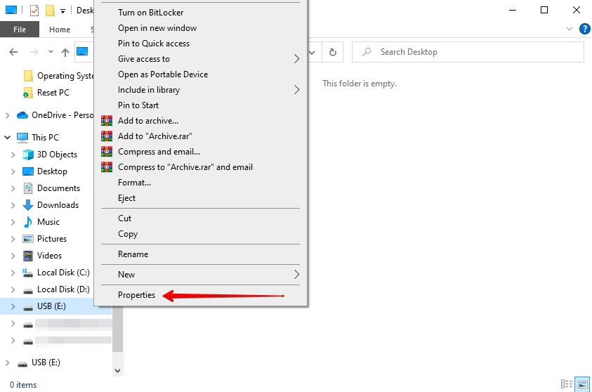 Accessing the USB properties.