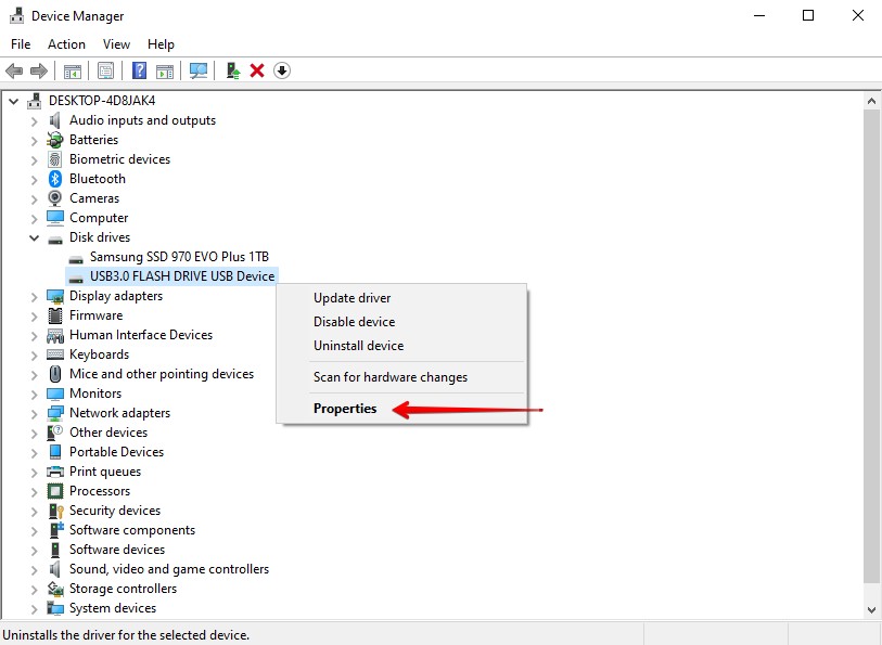 Opening the USB properties.