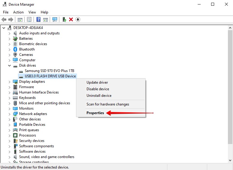 Accessing the USB properties.