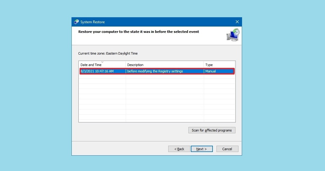 viewing restore points on windows