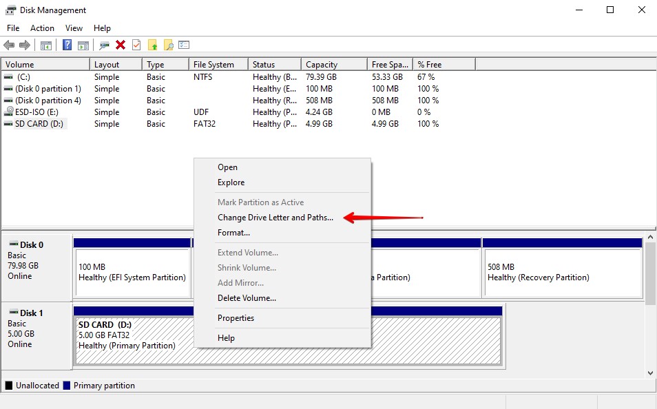 Choosing the option to change drive letters.