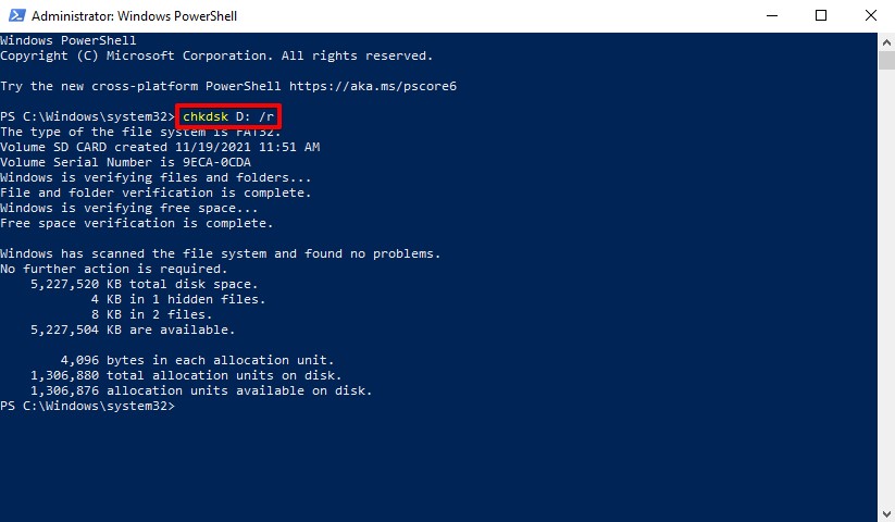 تشغيل أمر CHKDSK على بطاقة الذاكرة SD