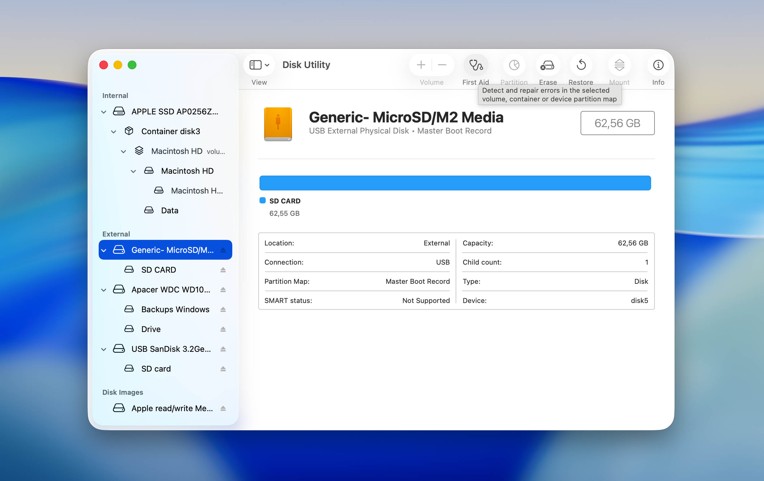 click on first aid button for sd card