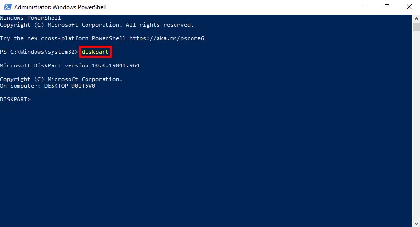 الوصول إلى أداة DiskPart في PowerShell.