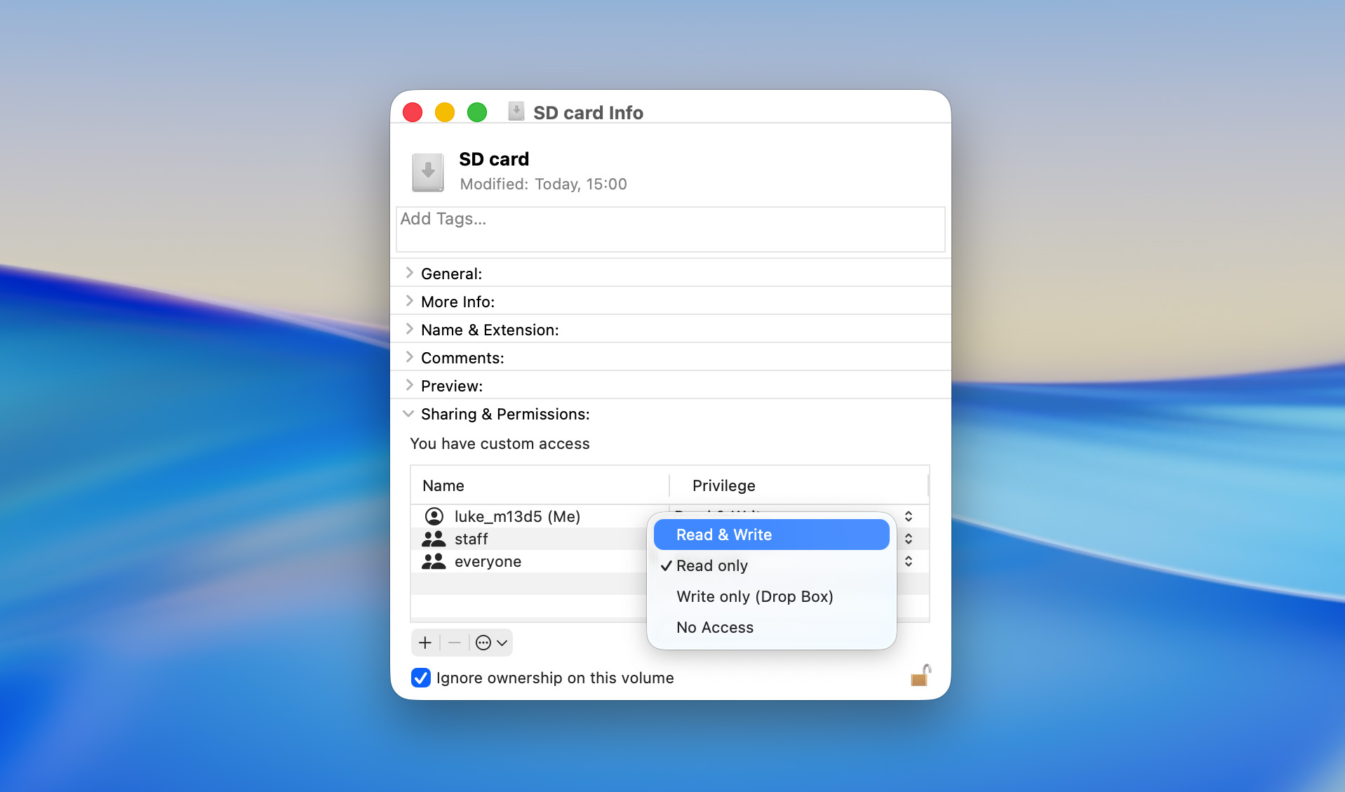 give full access for everyone in sd card settings