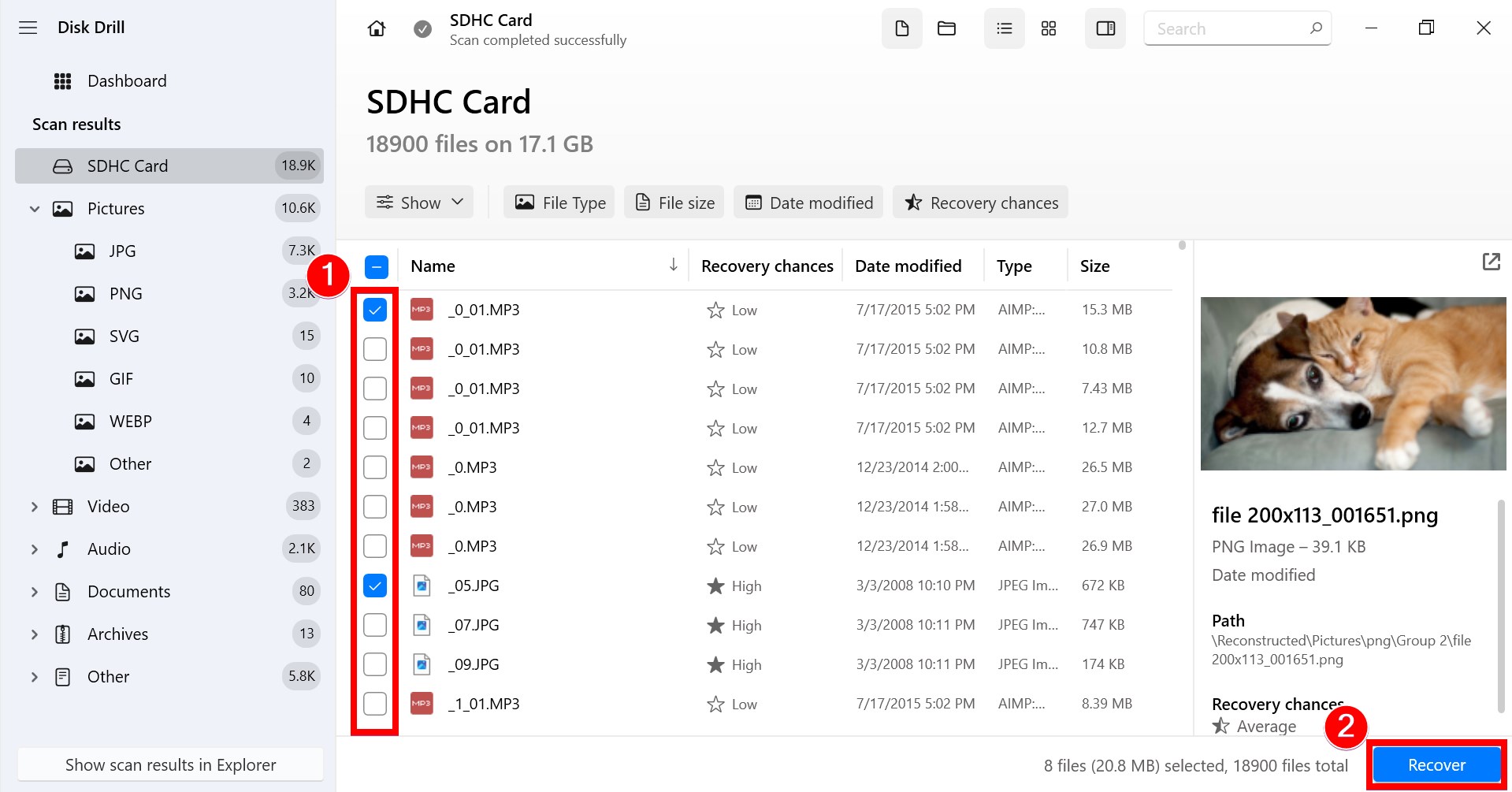 select and recover files