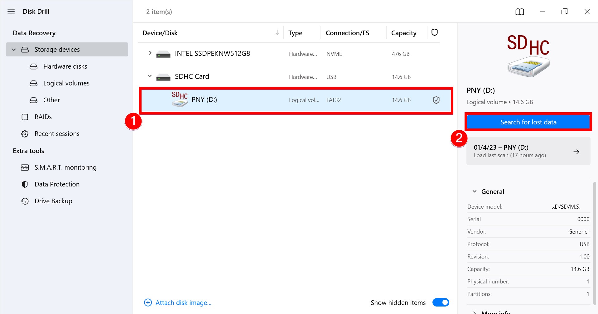 select pny sd card from list