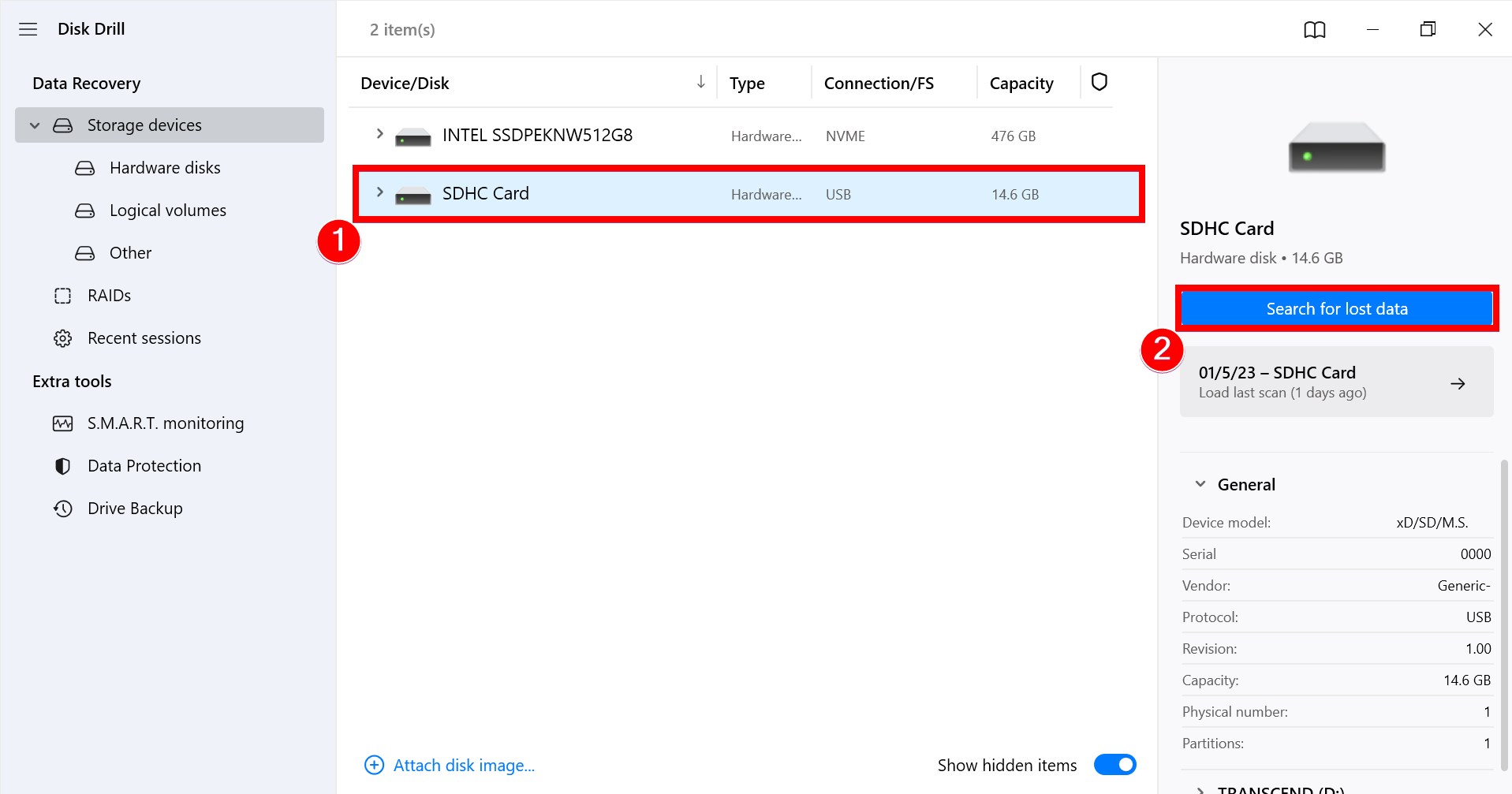 اختيار بطاقة sd وبدء المسح